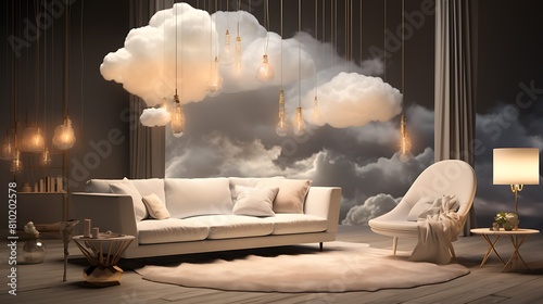 Establish a dreamlike living room with ethereal lighting and cloud-like furniture