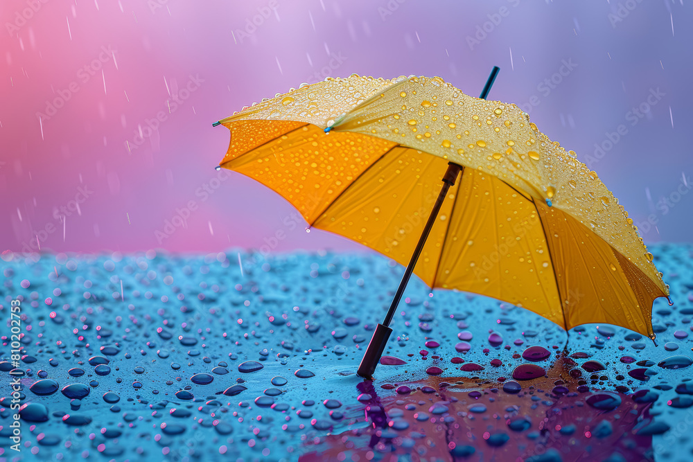 Pastel yellow umbrella with pastel blue raindrops on a pastel purple background, representing protection from the elements. Generative Ai.