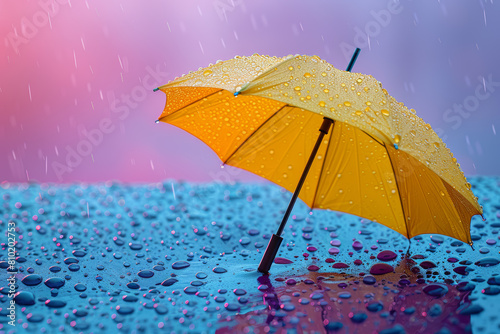 Pastel yellow umbrella with pastel blue raindrops on a pastel purple background  representing protection from the elements. Generative Ai.