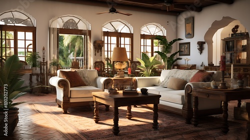 Establish a post-colonial living room with colonial-era furnishings and cultural artifacts