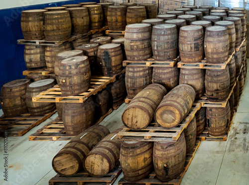 Oak barrels for storing rum at John Watling’s Distillery. It was named after the British pirate John Watling who died in 1682 and took up residence in the Bahamas. Nassau, Feb 2019 photo