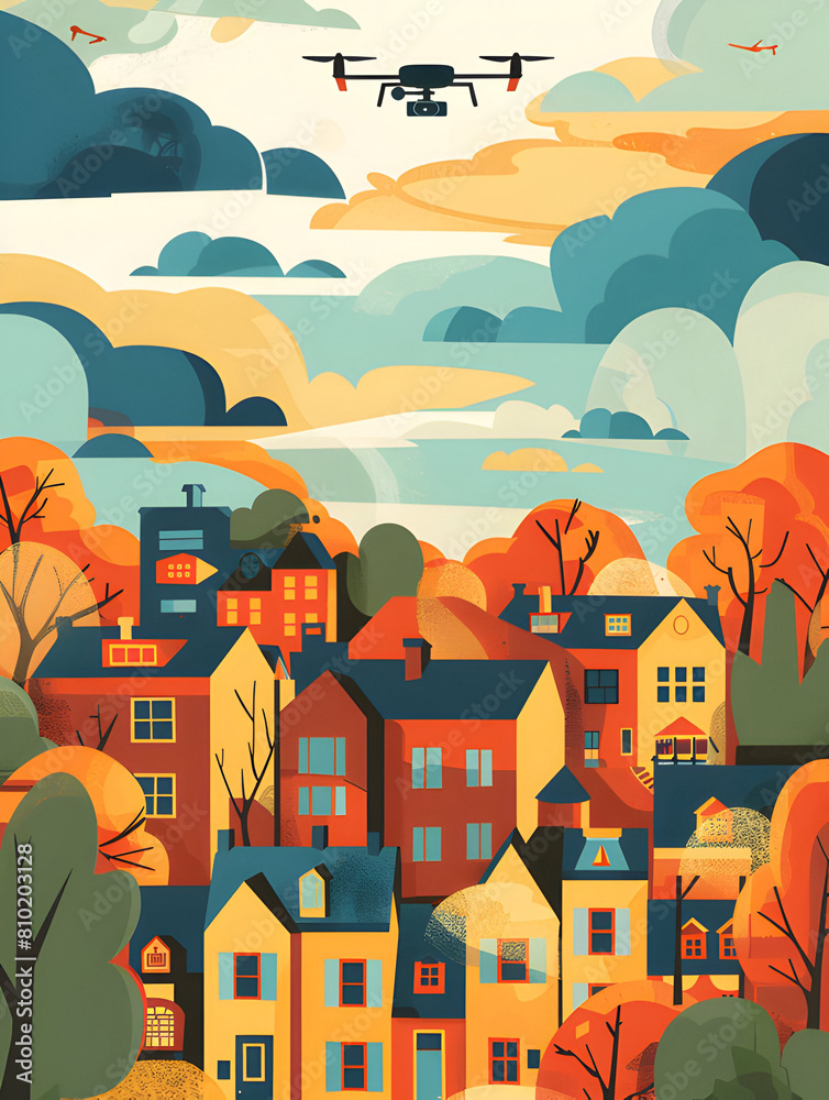 Flying drone, beautiful landscape flat style illustration 