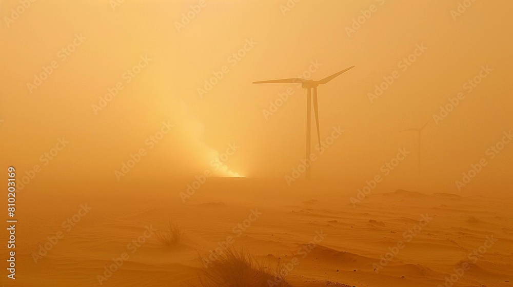 Obraz premium Powering Through the Storm: Wind Turbine Stands Strong, Generating Clean Energy During Sandstorm
