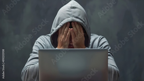 Frustrated person in hoodie facing computer screen with hands on face. Despair and stress at work. Technology overwhelm concept. AI photo