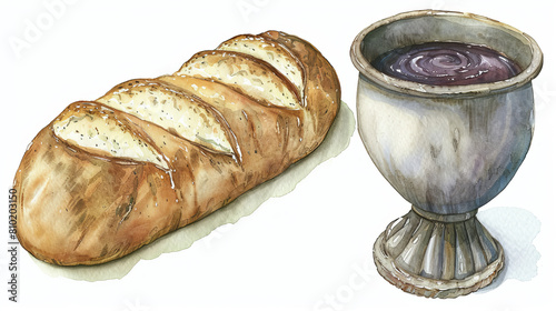 Artistic watercolor illustration featuring culinary motifs with deep Christian significance, depicting bread and red wine as symbols of the Eucharist