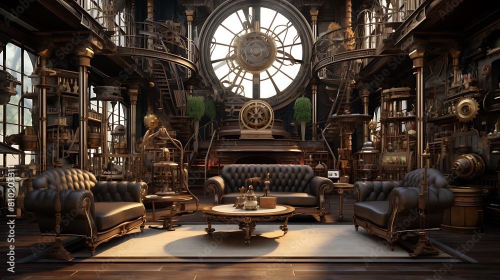 Obraz premium Establish a steampunk-themed living room with industrial elements and Victorian-era aesthetics