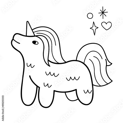 Knitted unicorn. Doodle outline vector black and white illustration.