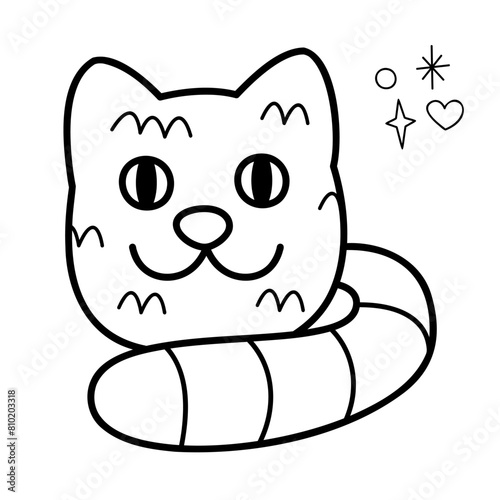 Knitted cat. Doodle outline vector black and white illustration.