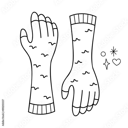 A pair of gloves. Doodle outline vector black and white illustration.