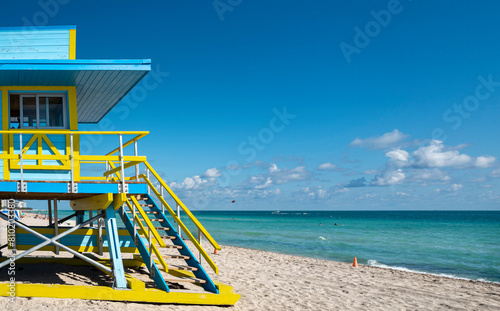 Lifeguard Tower, Safeguard wood shelter of the Ocean Rescue Service in South Beach, a beach with its clear waters and palm trees. South Beach, Miami, USA, Jan 2019.