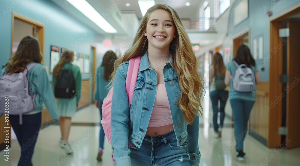 teenager walking down the hallway of his school on his first day of school teenager walking down the hallway of his school on his first day of school