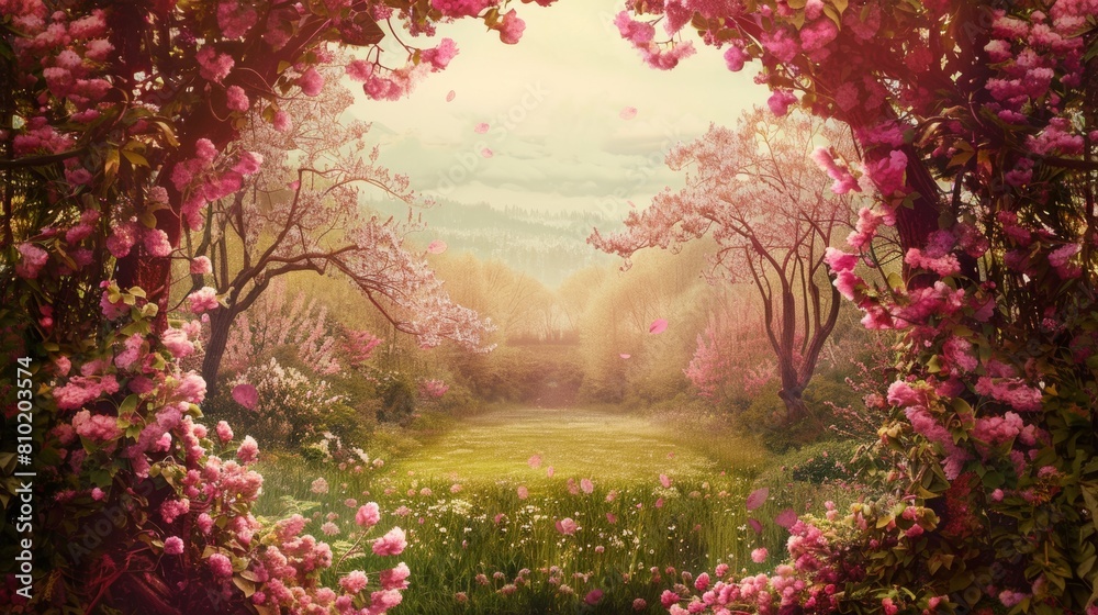 Naklejka premium Dreamy view through an arch of blossoming flowers into a serene spring garden