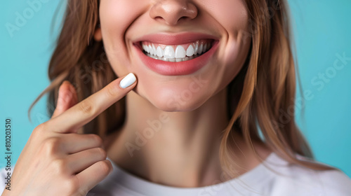 woman pointing her finger at her beautiful perfect teeth thanks to oral care.