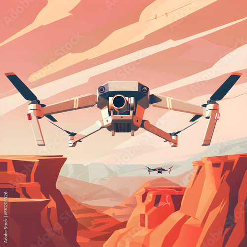 Flying drone, beautiful landscape flat style illustration 