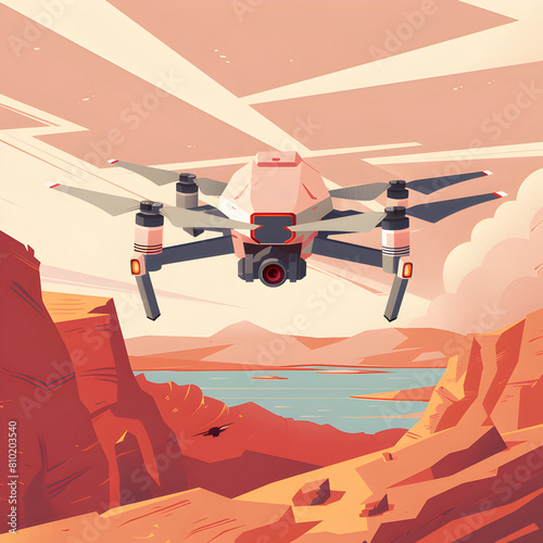 Flying drone, beautiful landscape flat style illustration 