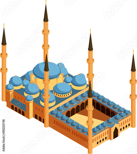 isometric cartoon blue mosque in istanbul, vector illustration