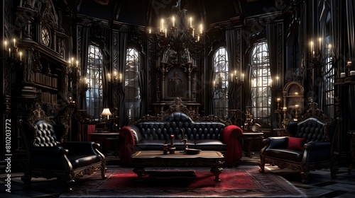 Establish a vampire s lair living room with Gothic accents and opulent  dark furniture