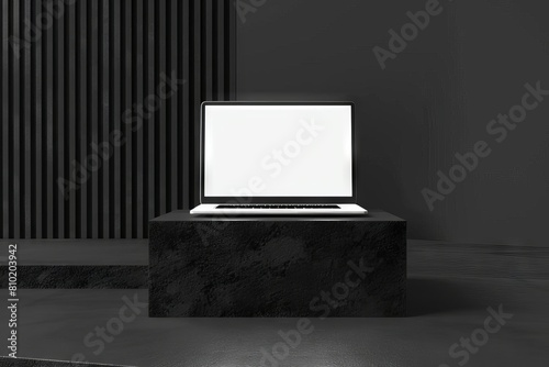 Wallpaper Mural empty white laptop display on black stone podium 3d rendering mockup Torontodigital.ca