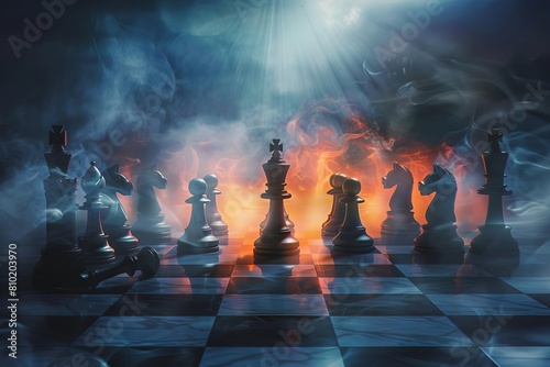 epic chess battle on dark foggy background strategic game concept with dramatic lighting digital painting