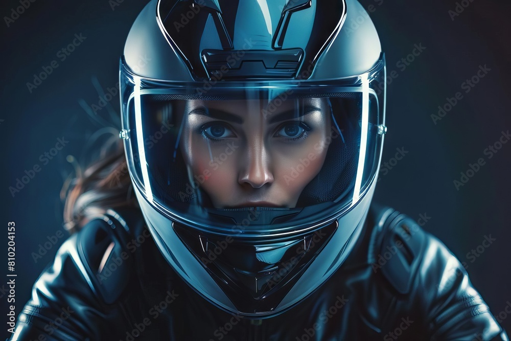 female motorcycle rider in sleek safety helmet ready for thrilling competition dramatic studio lighting