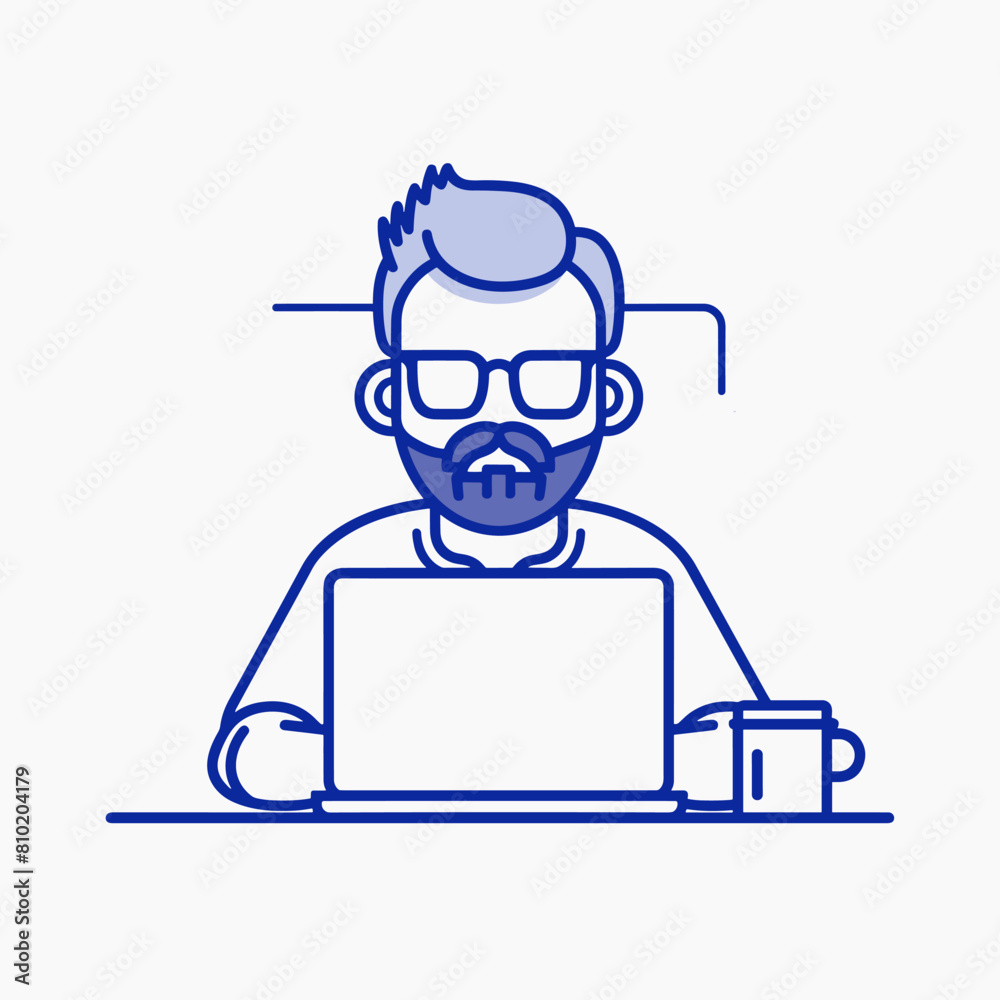 vector man with laptop blue lines minimalism on white background. Generative AI