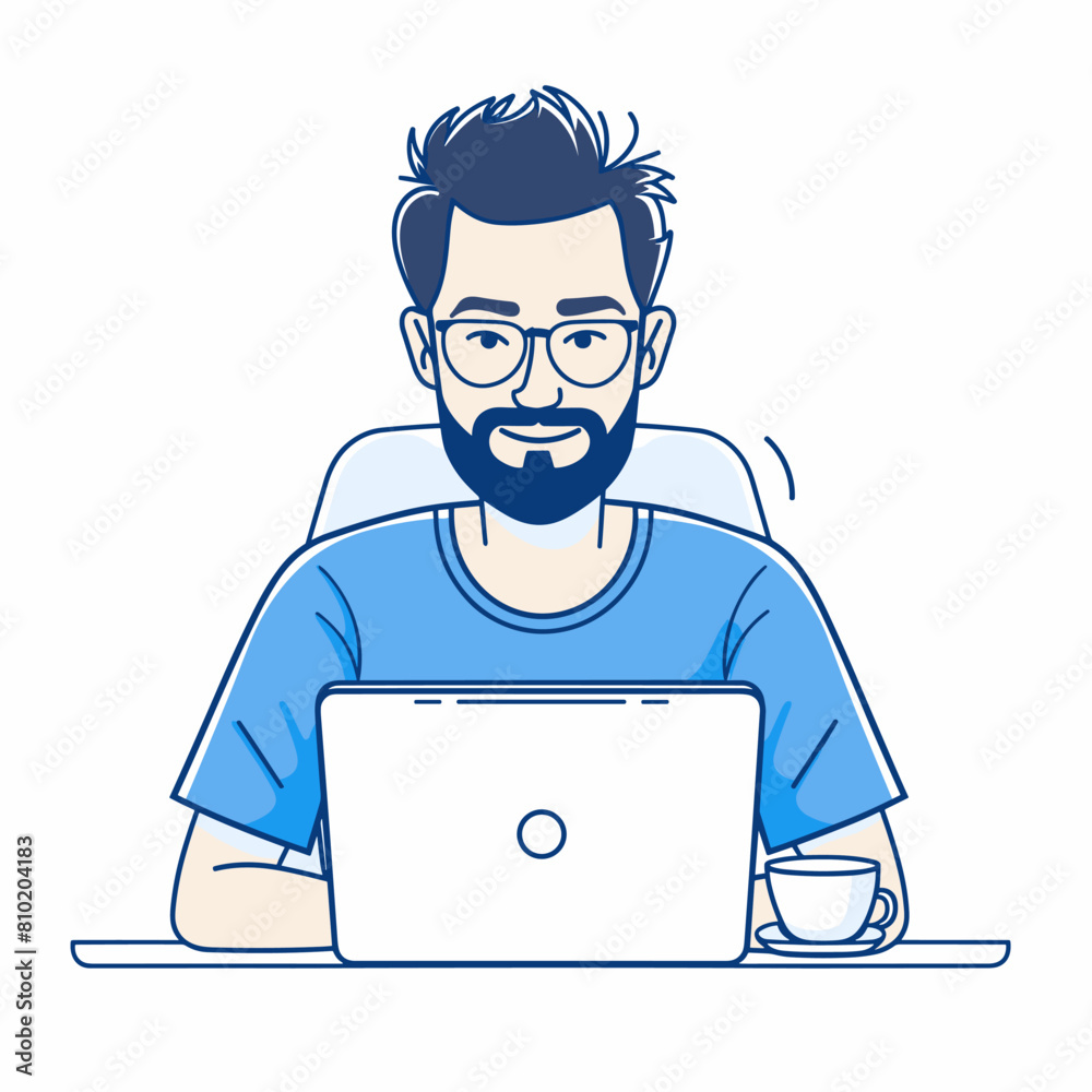 vector man with laptop blue lines minimalism on white background. Generative AI