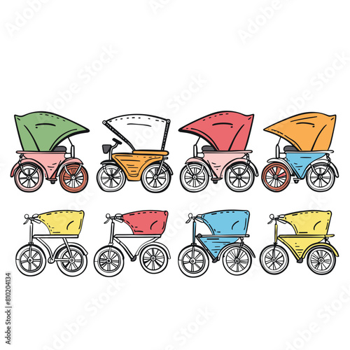 Handdrawn colorful baby strollers arranged two rows display variety, vibrant hues. Vintage style baby carriages, assortment, white background, bright colors, line art. Multicolored retro prams, side