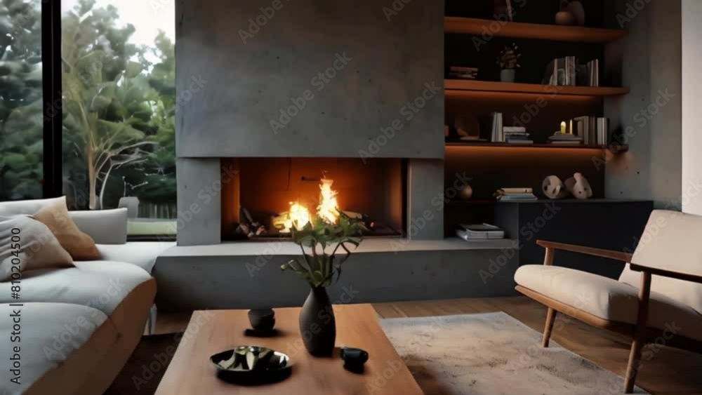 Modern Living Room with Fireplace, Concrete Wall, and Large Windows Modern Living Room with Fireplace, Concrete Wall, and Large Windows