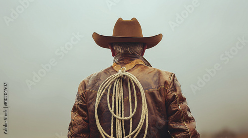 Mature cowboy with lasso on light background background view photo