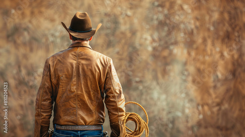 Mature cowboy with lasso on light background background view