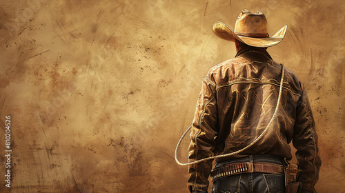 Mature cowboy with lasso on light background background view