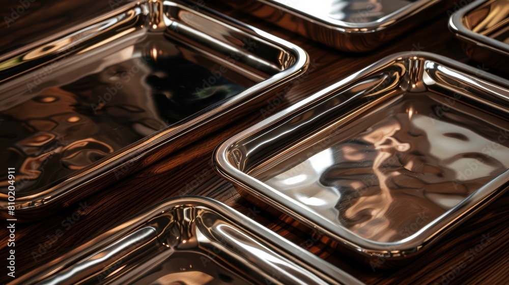 Portrait view of chic silver accessory trays arranged neatly on a dark walnut surface, highlighting the shimmer against the dark wood Portrait view of chic silver accessory trays arranged neatly on a dark walnut surface, highlighting the shimmer against the dark wood