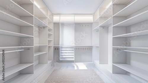 Pristine and empty closet, featuring organized sections for a streamlined and efficient storage solution