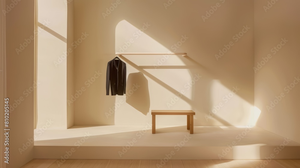 Simple and unadorned clothes rail in a minimalist interior, emphasizing the purity of design and the open space around it Simple and unadorned clothes rail in a minimalist interior, emphasizing the purity of design and the open space around it