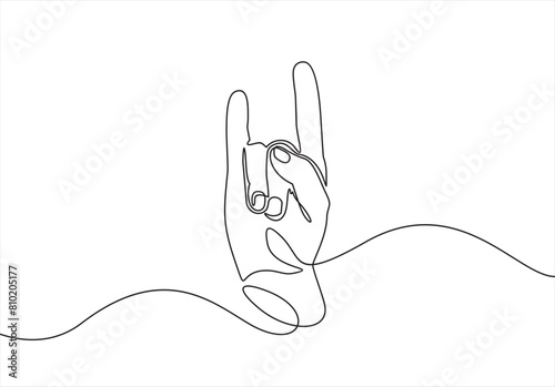 Single line drawn hand gesture, minimalistic human rock hand, symbol of rock, heavy metal, rock and roll music, two fingers up. Dynamic continuous one line graphic vector design