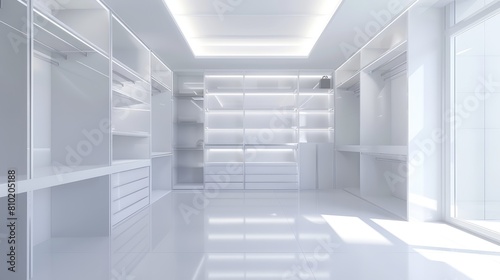 Sleek  white interior of an empty closet  highlighting the pure and serene ambiance of a contemporary storage space