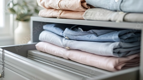 Soft gray backdrop accentuating a drawer of neatly stacked shirts in soothing pastel tones, showcasing a clean and organized appearance