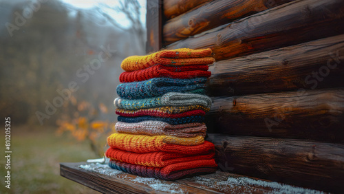 Professional photography product shot of neatly folded stack woollen jumpers of different colors, stack and lying out on a table. Ideal for advertising. photo