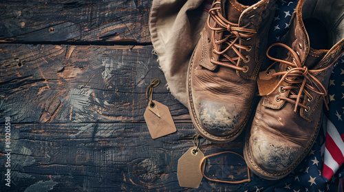 Military boots tag and USA flag on wooden background - photo