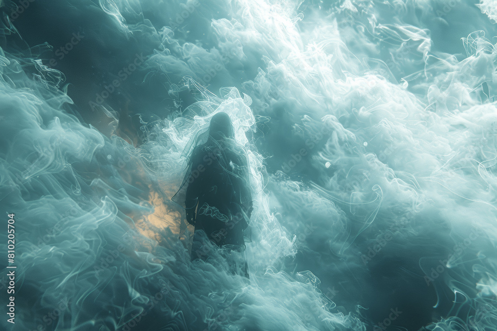 A shimmering nimbus enveloping a figure, casting a mystical ambiance of wonder and awe. Concept of spiritual awakening and enlightenment. Generative Ai. A shimmering nimbus enveloping a figure, casting a mystical ambiance of wonder and awe. Concept of spiritual awakening and enlightenment. Generative Ai.