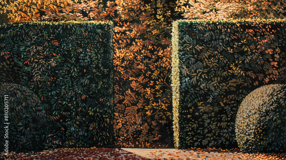 Obraz premium Two hedges of Taxus and beech in a garden --ar 16:9 Job ID: 7745d110-f6bb-4740-87f2-8ae371865968