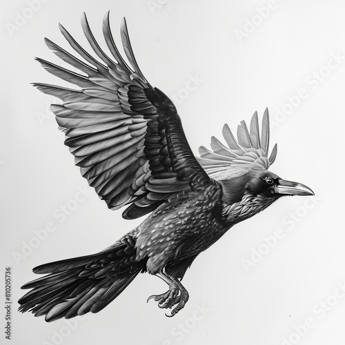 Carrion Crow Pencil Sketch Hand Drawn Black and White Depiction of Corvus Corone on a Blank White Background photo