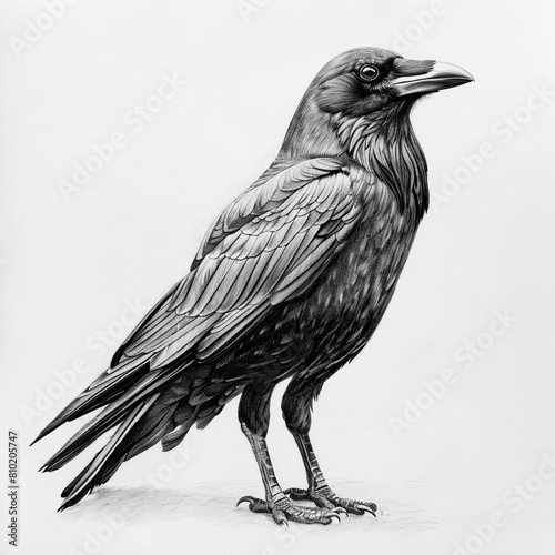 Carrion Crow Pencil Sketch Hand Drawn Black and White Depiction of Corvus Corone on a Blank White Background