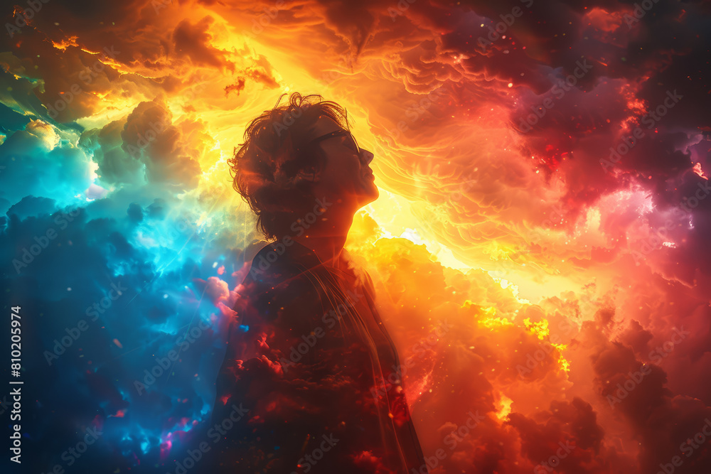 A radiant halo of colors encircling a person, reminiscent of a rainbow's embrace. Concept of diversity and inclusion. Generative Ai. A radiant halo of colors encircling a person, reminiscent of a rainbow's embrace. Concept of diversity and inclusion. Generative Ai.