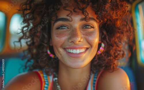 A woman with curly hair and a nose ring is smiling and looking at the camera. She is wearing a red tank top and a necklace