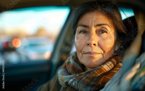 A woman with a scarf on her face is sitting in a car. She has a serious expression on her face © imagineRbc