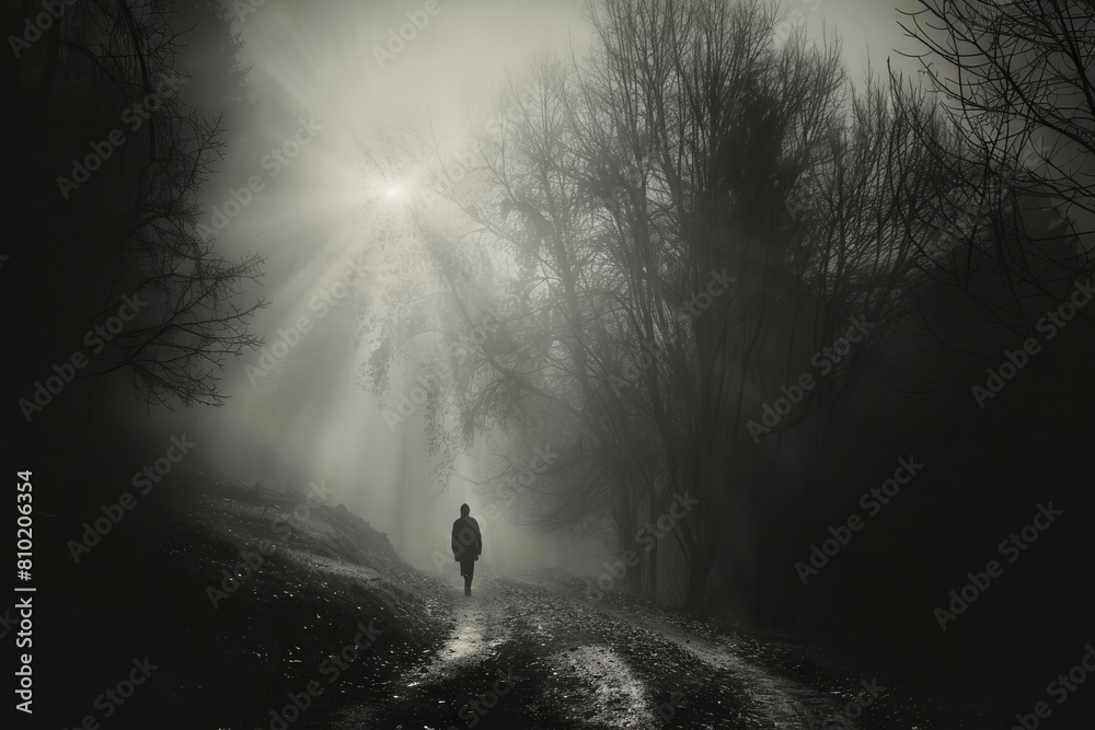 mysterious dark silhouette of person walking through foggy forest at night eerie and atmospheric mood black and white fine art photography