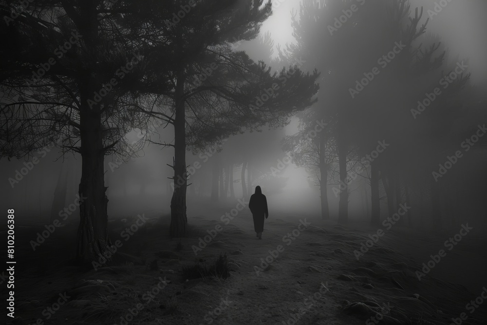 mysterious dark silhouette of person walking through foggy forest at ...