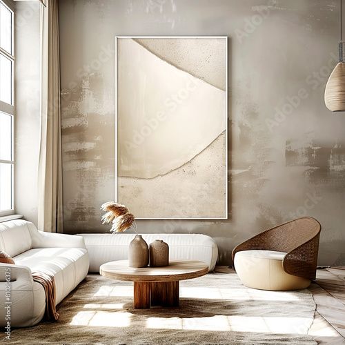 Home mockup, contemporary minimalist living room interior with white sofa and armchair, minimalism © innluga