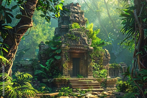mysterious ancient stone temple hidden in lush jungle overgrown with vibrant foliage digital fantasy painting